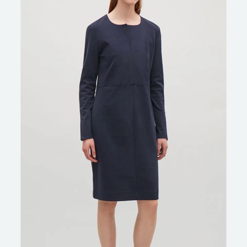 Cos Navy Blue Cotton Blend With Twisted Sleeve Seams Pencil Straight Dress S